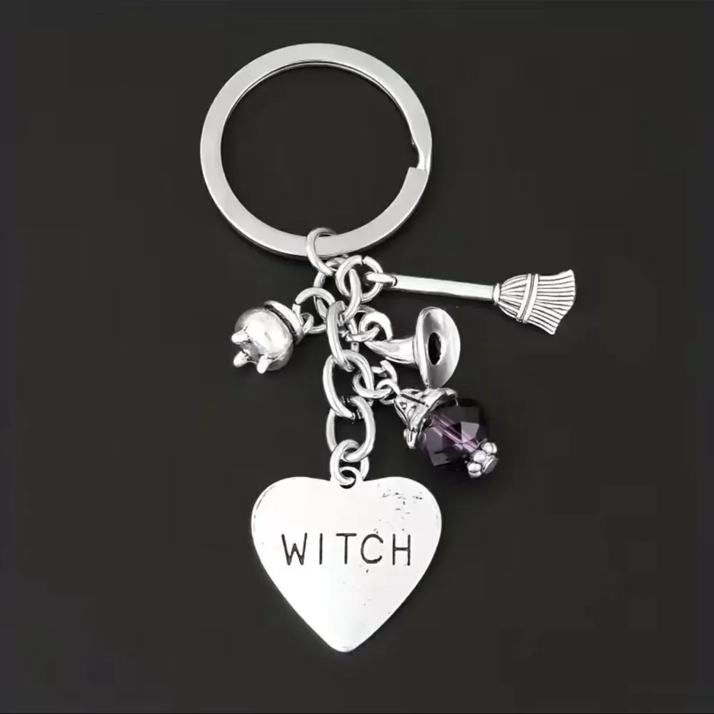Witch, Keychain with cauldron broom, witch hat, purple beaded, glass, crystal